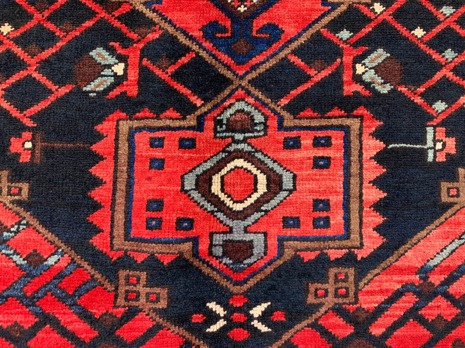 Handgemaakt Perzisch wollen vloerkleed 215x305 cm - Rood, marineblauw en ivoorkleurig tribaal geometrisch medaillon Perzische stijl kleed - Exacte afmeting 307 cm x 203 cm - KBHM-702
