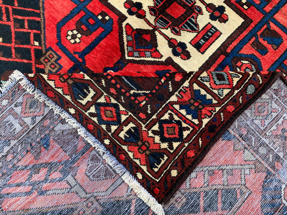Handgemaakt Perzisch wollen vloerkleed 215x305 cm - Rood, marineblauw en ivoorkleurig tribaal geometrisch medaillon Perzische stijl kleed - Exacte afmeting 307 cm x 203 cm - KBHM-702