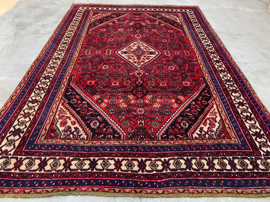 Handgemaakt Perzisch wollen vloerkleed 210x300 cm - Rood, marineblauw & ivoorkleurig Perzisch tapijt met bloemmotief - Exacte maat 295 cm x 196 cm - KBHM-703