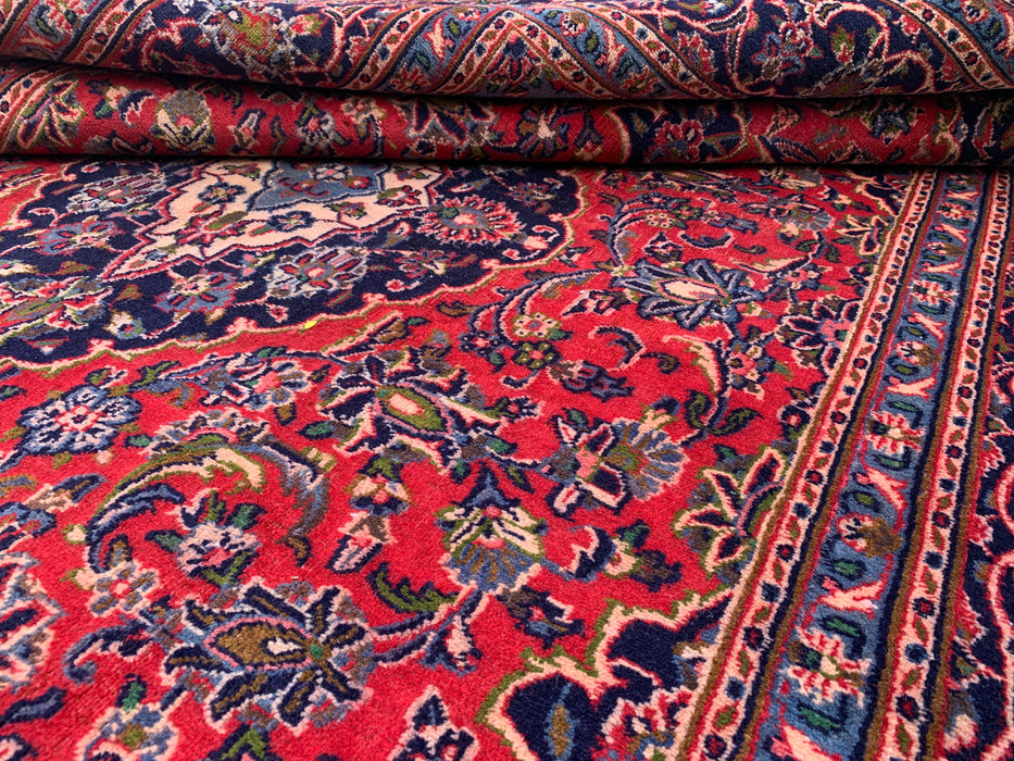 Handgemaakt Perzisch wollen vloerkleed 7x10 - Rood, marineblauw & ivoorkleurig Perzisch vloerkleed met bloemenmedaillon - Exacte afmeting 9'3" x 6'3" - KBHM-704