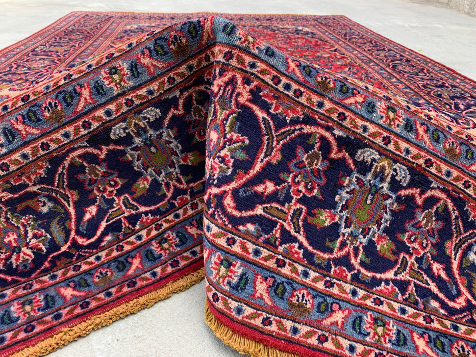 Handgemaakt Perzisch wollen vloerkleed 7x10 - Rood, marineblauw & ivoorkleurig Perzisch vloerkleed met bloemenmedaillon - Exacte afmeting 9'3" x 6'3" - KBHM-704