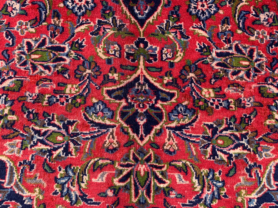 Handgemaakt Perzisch wollen vloerkleed 7x10 - Rood, marineblauw & ivoorkleurig Perzisch vloerkleed met bloemenmedaillon - Exacte afmeting 9'3" x 6'3" - KBHM-704