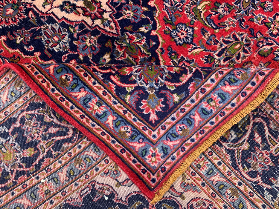 Handgemaakt Perzisch wollen vloerkleed 7x10 - Rood, marineblauw & ivoorkleurig Perzisch vloerkleed met bloemenmedaillon - Exacte afmeting 9'3" x 6'3" - KBHM-704