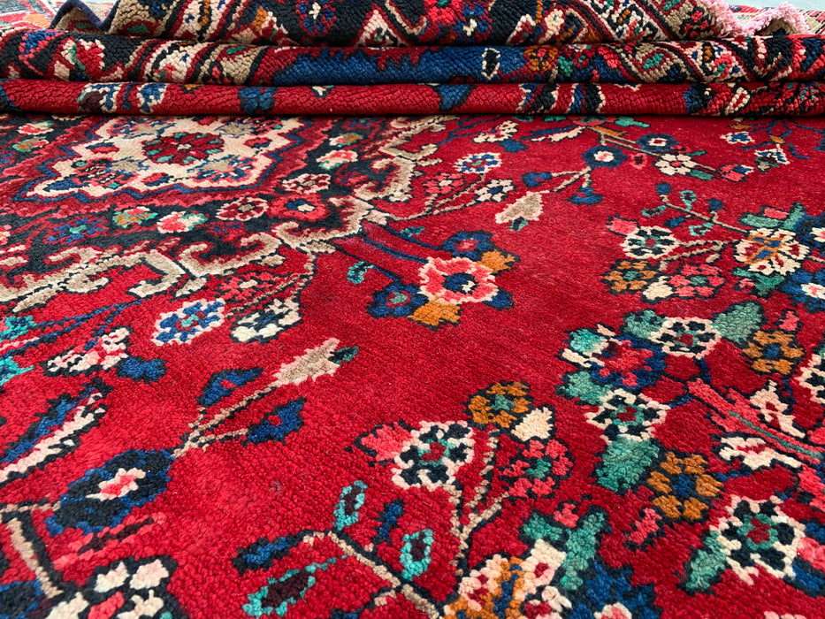 11'11" x 8'4" Handgeknoopt Perzisch wollen tapijt – Rood, marineblauw & ivoorkleurig bloemenmedaillonontwerp – KBHM-705