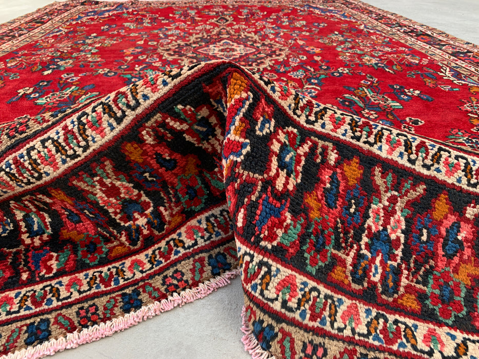 11'11" x 8'4" Handgeknoopt Perzisch wollen tapijt – Rood, marineblauw & ivoorkleurig bloemenmedaillonontwerp – KBHM-705