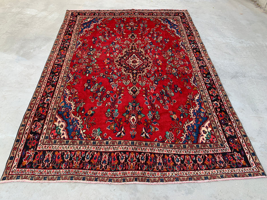 11'11" x 8'4" Handgeknoopt Perzisch wollen tapijt – Rood, marineblauw & ivoorkleurig bloemenmedaillonontwerp – KBHM-705