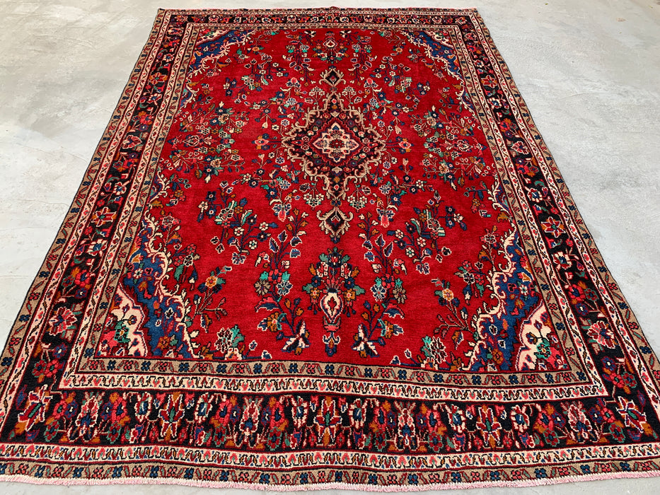 11'11" x 8'4" Handgeknoopt Perzisch wollen tapijt – Rood, marineblauw & ivoorkleurig bloemenmedaillonontwerp – KBHM-705