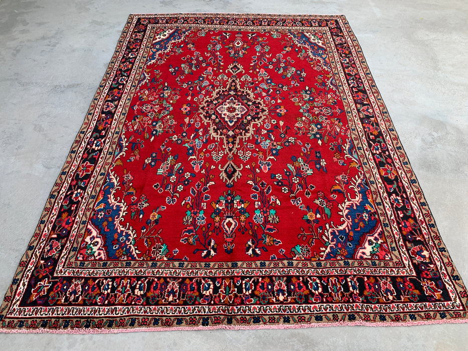 11'11" x 8'4" Handgeknoopt Perzisch wollen tapijt – Rood, marineblauw & ivoorkleurig bloemenmedaillonontwerp – KBHM-705