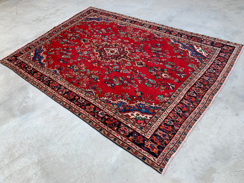 11'11" x 8'4" Handgeknoopt Perzisch wollen tapijt – Rood, marineblauw & ivoorkleurig bloemenmedaillonontwerp – KBHM-705