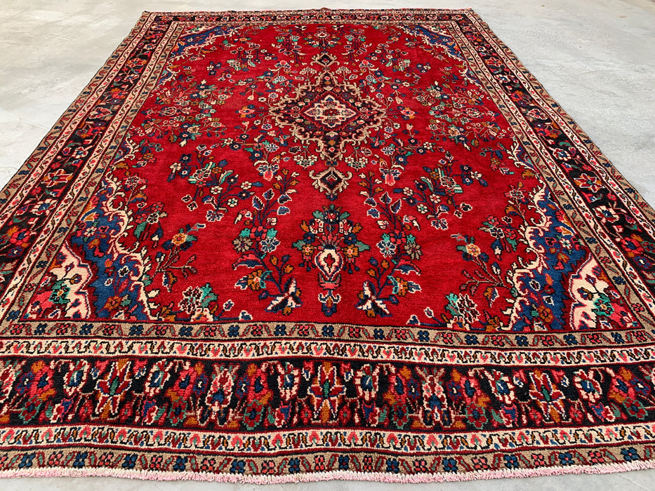11'11" x 8'4" Handgeknoopt Perzisch wollen tapijt – Rood, marineblauw & ivoorkleurig bloemenmedaillonontwerp – KBHM-705