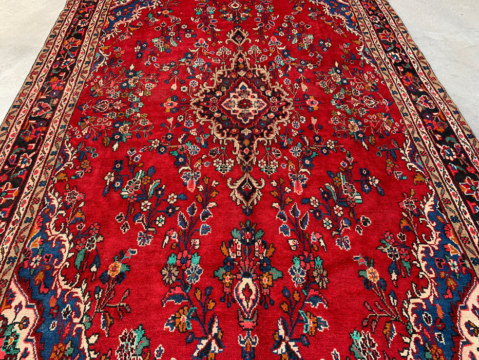 11'11" x 8'4" Handgeknoopt Perzisch wollen tapijt – Rood, marineblauw & ivoorkleurig bloemenmedaillonontwerp – KBHM-705