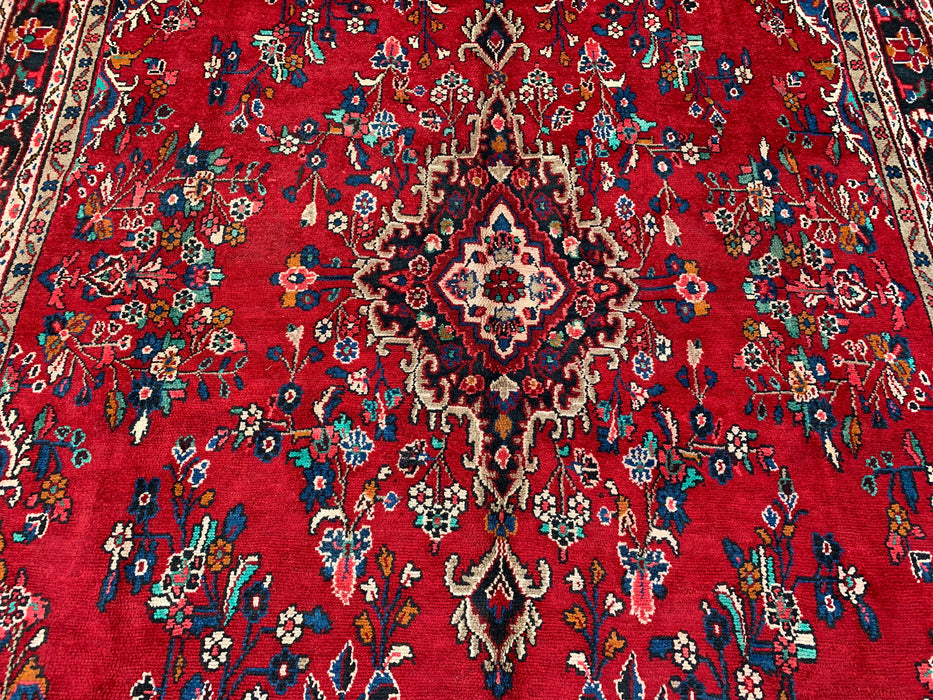 11'11" x 8'4" Handgeknoopt Perzisch wollen tapijt – Rood, marineblauw & ivoorkleurig bloemenmedaillonontwerp – KBHM-705