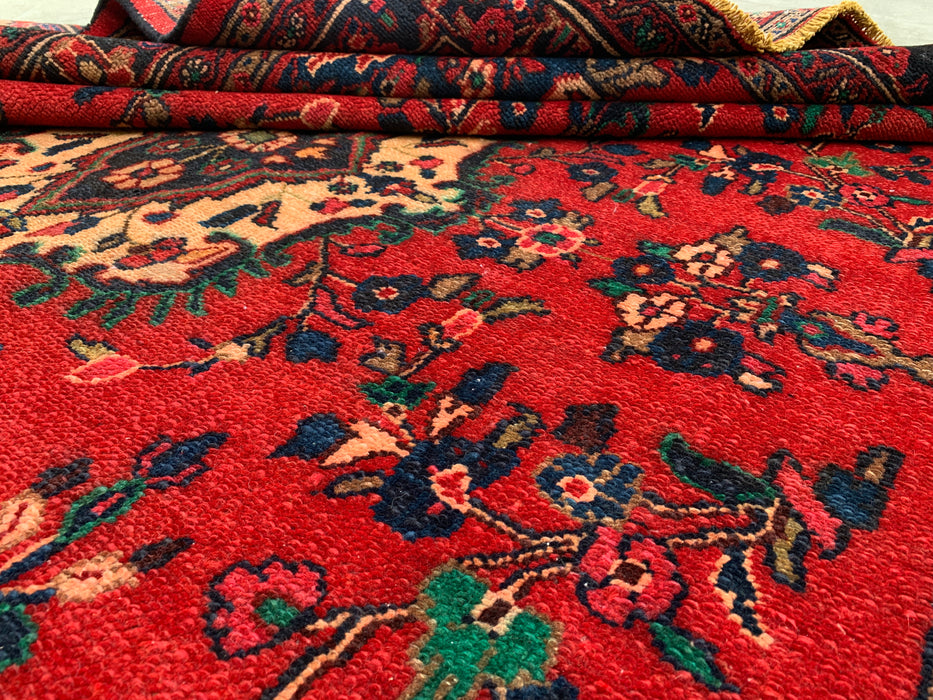 Handgemaakt Perzisch wollen vloerkleed 7x10 - Rood, marineblauw & ivoorkleurig Perzisch tapijt met bloemenmedaillon - Exacte afmeting 9'9" x 6'10" - KBHM-706