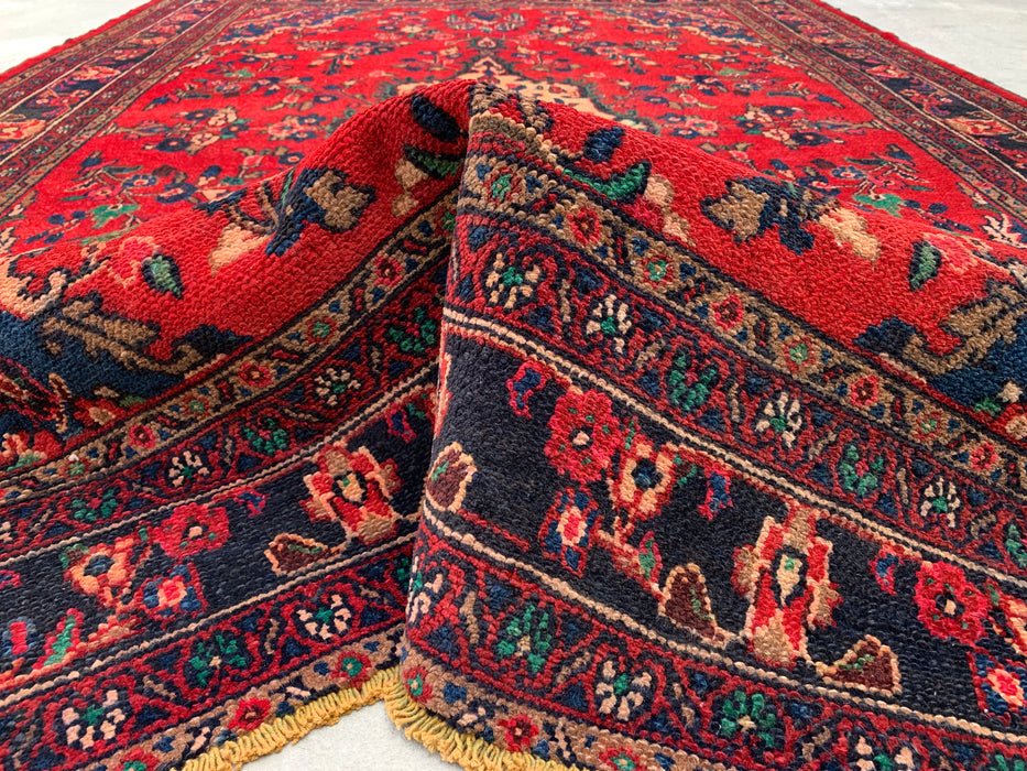 Handgemaakt Perzisch wollen vloerkleed 7x10 - Rood, marineblauw & ivoorkleurig Perzisch tapijt met bloemenmedaillon - Exacte afmeting 9'9" x 6'10" - KBHM-706