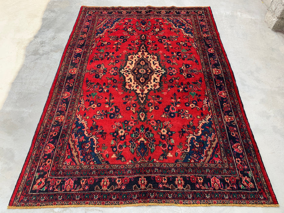 Handgemaakt Perzisch wollen vloerkleed 7x10 - Rood, marineblauw & ivoorkleurig Perzisch tapijt met bloemenmedaillon - Exacte afmeting 9'9" x 6'10" - KBHM-706