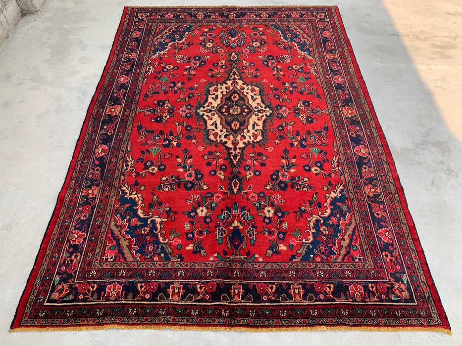 Handgemaakt Perzisch wollen vloerkleed 7x10 - Rood, marineblauw & ivoorkleurig Perzisch tapijt met bloemenmedaillon - Exacte afmeting 9'9" x 6'10" - KBHM-706