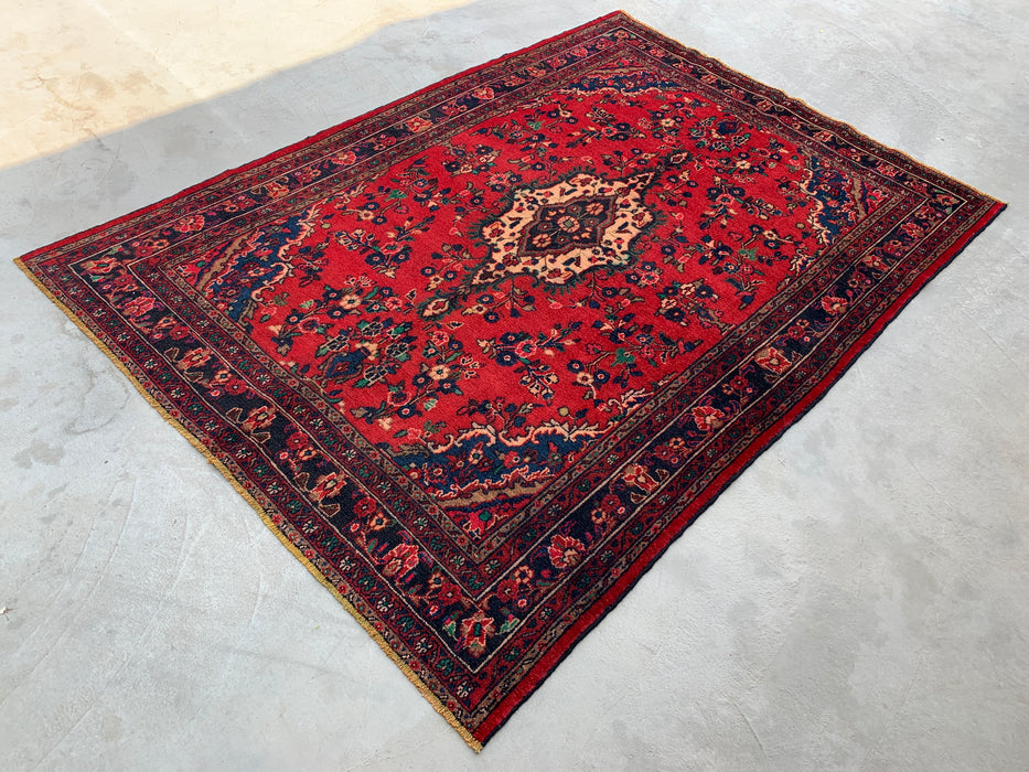 Handgemaakt Perzisch wollen vloerkleed 7x10 - Rood, marineblauw & ivoorkleurig Perzisch tapijt met bloemenmedaillon - Exacte afmeting 9'9" x 6'10" - KBHM-706