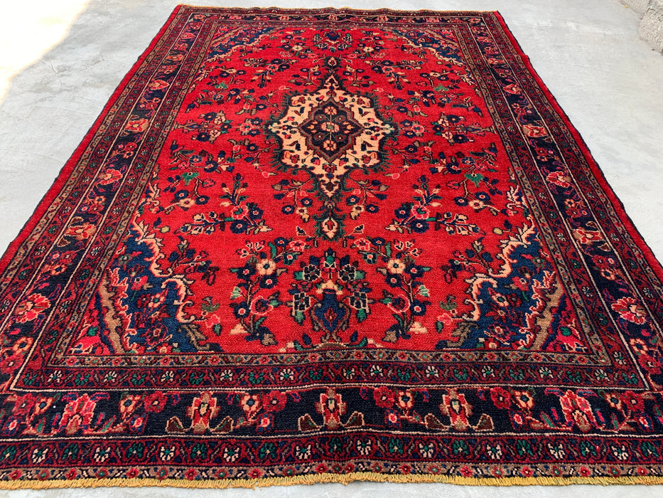 Handgemaakt Perzisch wollen vloerkleed 7x10 - Rood, marineblauw & ivoorkleurig Perzisch tapijt met bloemenmedaillon - Exacte afmeting 9'9" x 6'10" - KBHM-706