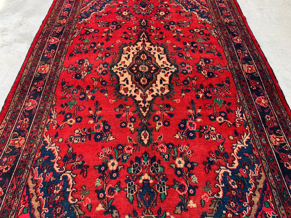 Handgemaakt Perzisch wollen vloerkleed 7x10 - Rood, marineblauw & ivoorkleurig Perzisch tapijt met bloemenmedaillon - Exacte afmeting 9'9" x 6'10" - KBHM-706