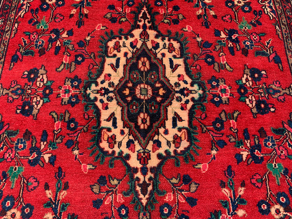 Handgemaakt Perzisch wollen vloerkleed 7x10 - Rood, marineblauw & ivoorkleurig Perzisch tapijt met bloemenmedaillon - Exacte afmeting 9'9" x 6'10" - KBHM-706