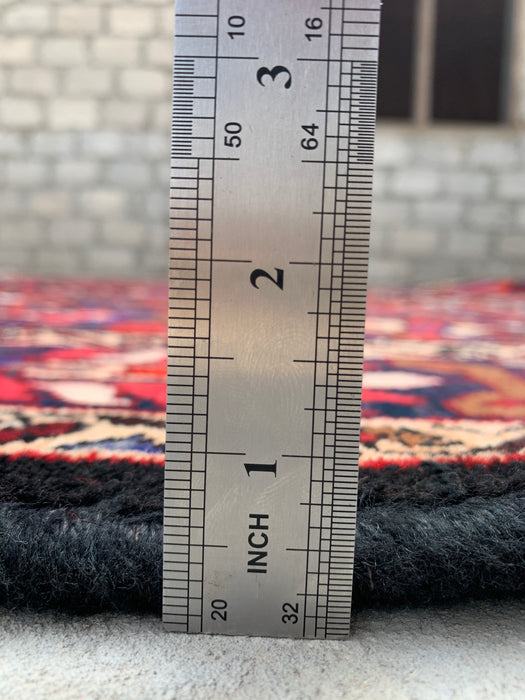Handgemaakt Perzisch wollen vloerkleed 7x10 - Rood, marineblauw & ivoorkleurig Perzisch tapijt in tribale stijl met panelen - Exacte maat 10'0" x 7'0" - KBHM-707