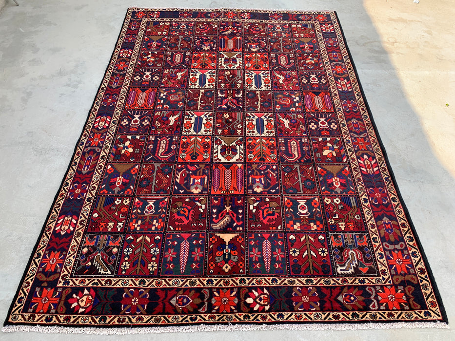 Handgemaakt Perzisch wollen vloerkleed 7x10 - Rood, marineblauw & ivoorkleurig Perzisch tapijt in tribale stijl met panelen - Exacte maat 10'0" x 7'0" - KBHM-707