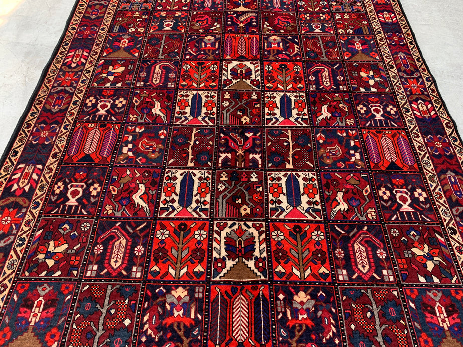 Handgemaakt Perzisch wollen vloerkleed 7x10 - Rood, marineblauw & ivoorkleurig Perzisch tapijt in tribale stijl met panelen - Exacte maat 10'0" x 7'0" - KBHM-707