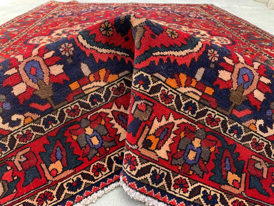 10'6" x 7'3" handgeknoopt Perzisch wollen tapijt – Rood, marineblauw & ivoorkleurig bloemenmedaillonontwerp – KBHM-708