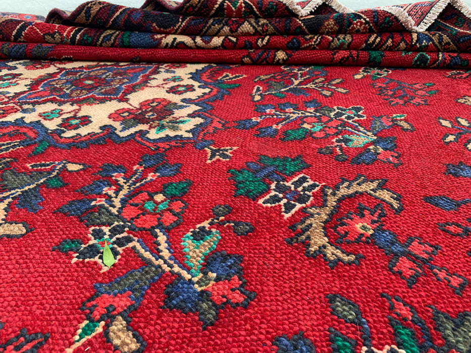 Handgemaakt Perzisch wollen vloerkleed 7x10 - Rood, marineblauw & ivoor kleurig Perzisch vloerkleed met bloemenmedaillon - Exacte maat 9'9" x 6'9" - KBHM-709