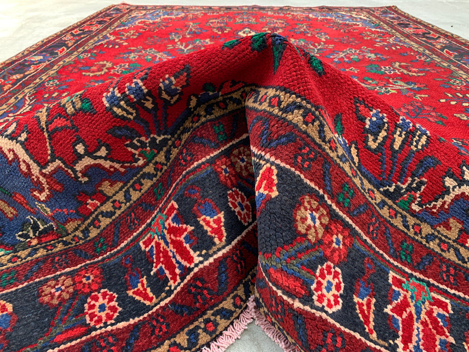 Handgemaakt Perzisch wollen vloerkleed 7x10 - Rood, marineblauw & ivoor kleurig Perzisch vloerkleed met bloemenmedaillon - Exacte maat 9'9" x 6'9" - KBHM-709