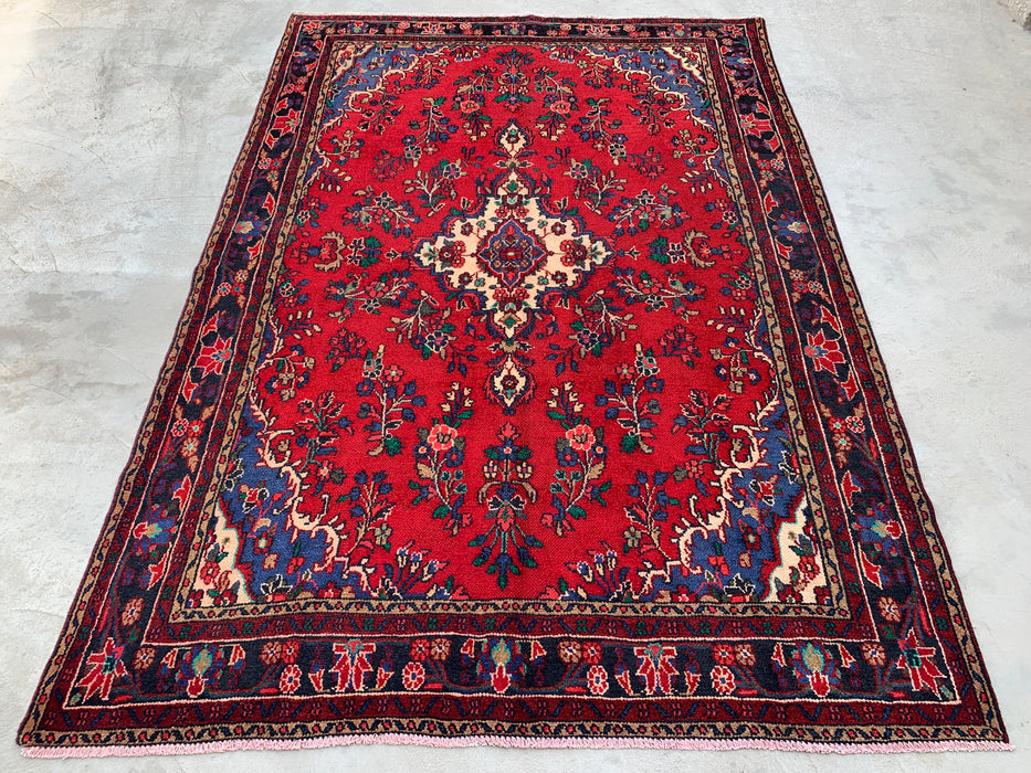 Handgemaakt Perzisch wollen vloerkleed 7x10 - Rood, marineblauw & ivoor kleurig Perzisch vloerkleed met bloemenmedaillon - Exacte maat 9'9" x 6'9" - KBHM-709