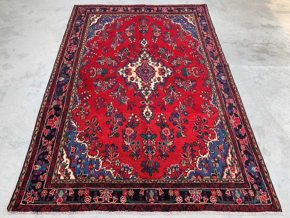Handgemaakt Perzisch wollen vloerkleed 7x10 - Rood, marineblauw & ivoor kleurig Perzisch vloerkleed met bloemenmedaillon - Exacte maat 9'9" x 6'9" - KBHM-709