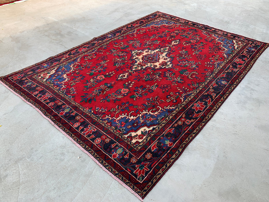 Handgemaakt Perzisch wollen vloerkleed 7x10 - Rood, marineblauw & ivoor kleurig Perzisch vloerkleed met bloemenmedaillon - Exacte maat 9'9" x 6'9" - KBHM-709