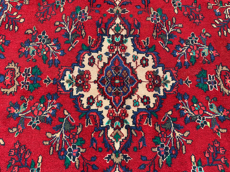 Handgemaakt Perzisch wollen vloerkleed 7x10 - Rood, marineblauw & ivoor kleurig Perzisch vloerkleed met bloemenmedaillon - Exacte maat 9'9" x 6'9" - KBHM-709