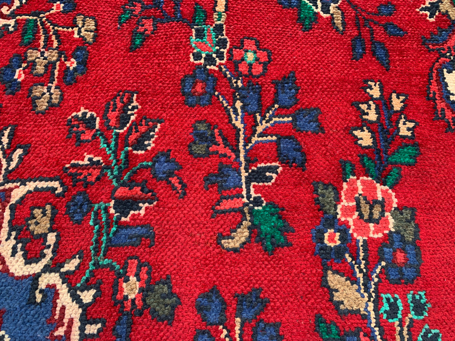 Handgemaakt Perzisch wollen vloerkleed 7x10 - Rood, marineblauw & ivoor kleurig Perzisch vloerkleed met bloemenmedaillon - Exacte maat 9'9" x 6'9" - KBHM-709