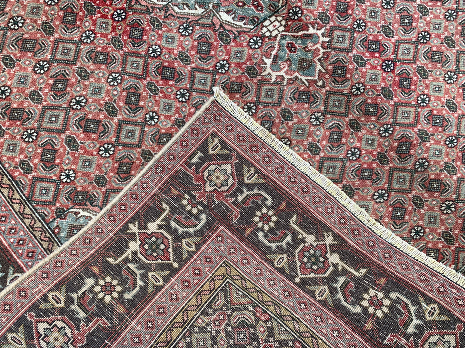 Handgemaakt Perzisch wollen vloerkleed 7x10 - Vintage Perzisch stijl kleed met medaillon in roze, bruin & aqua - Exacte afmeting 9'4" x 6'1" - KBHM-710