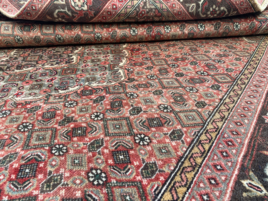Handgemaakt Perzisch wollen vloerkleed 7x10 - Vintage Perzisch stijl kleed met medaillon in roze, bruin & aqua - Exacte afmeting 9'4" x 6'1" - KBHM-710