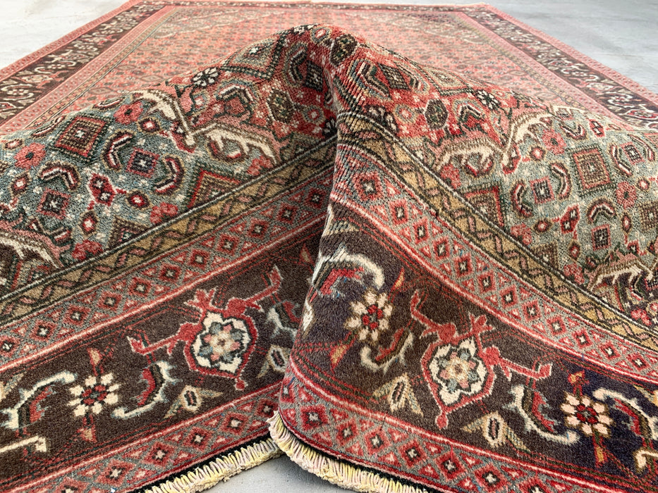 Handgemaakt Perzisch wollen vloerkleed 7x10 - Vintage Perzisch stijl kleed met medaillon in roze, bruin & aqua - Exacte afmeting 9'4" x 6'1" - KBHM-710