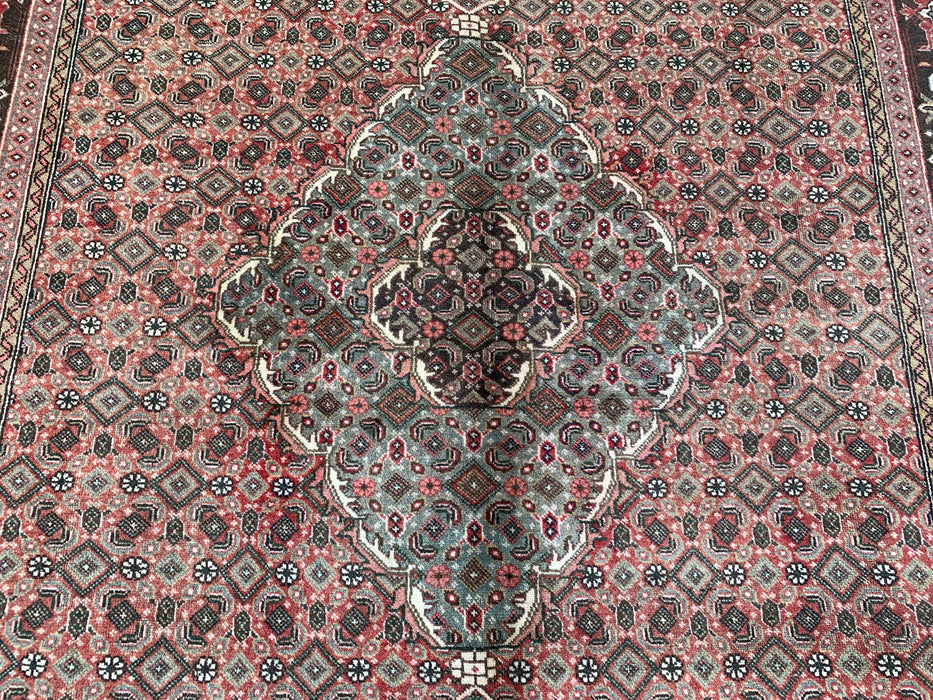 Handgemaakt Perzisch wollen vloerkleed 7x10 - Vintage Perzisch stijl kleed met medaillon in roze, bruin & aqua - Exacte afmeting 9'4" x 6'1" - KBHM-710