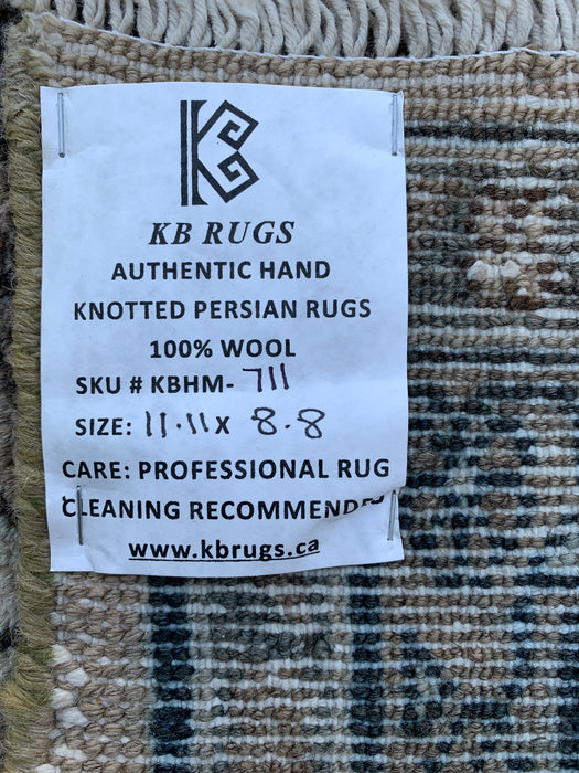 11'11" x 8'8" Handgeknoopt Perzisch wollen tapijt – Beige, bruin & zachtblauw bloemenmedaillonontwerp – KBHM-711