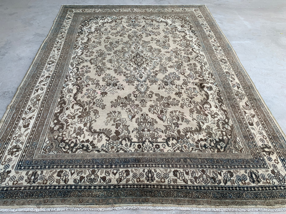 11'11" x 8'8" Handgeknoopt Perzisch wollen tapijt – Beige, bruin & zachtblauw bloemenmedaillonontwerp – KBHM-711