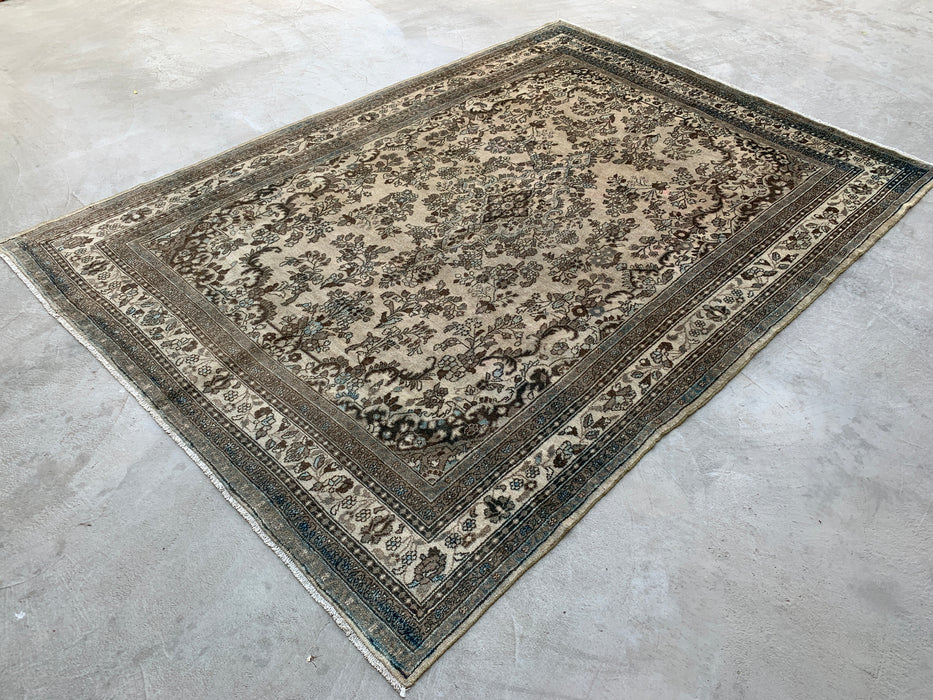 11'11" x 8'8" Handgeknoopt Perzisch wollen tapijt – Beige, bruin & zachtblauw bloemenmedaillonontwerp – KBHM-711