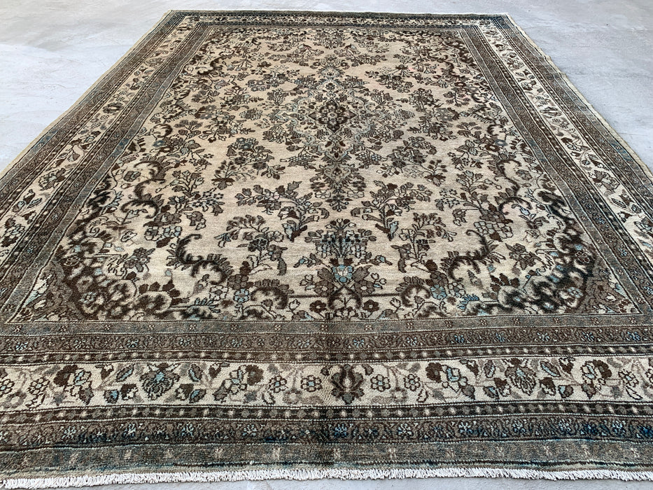11'11" x 8'8" Handgeknoopt Perzisch wollen tapijt – Beige, bruin & zachtblauw bloemenmedaillonontwerp – KBHM-711