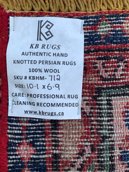 Handmade Persian Wool Area Rug 7x10 - Red, Navy & Ivory Tribal Field Persian Style Rug - Exact Size 10'1" x 6'9" - KBHM-712