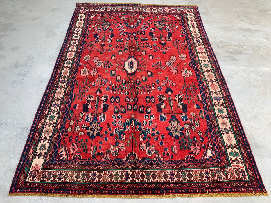 Handmade Persian Wool Area Rug 7x10 - Red, Navy & Ivory Tribal Field Persian Style Rug - Exact Size 10'1" x 6'9" - KBHM-712