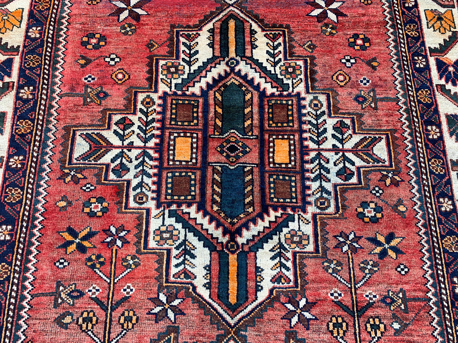 Handmade Persian Wool Area Rug 7x10 - Rose, Navy & Ivory Tribal Medallion Persian Style Rug - Exact Size 9'11" x 5'2" - KBHM-716