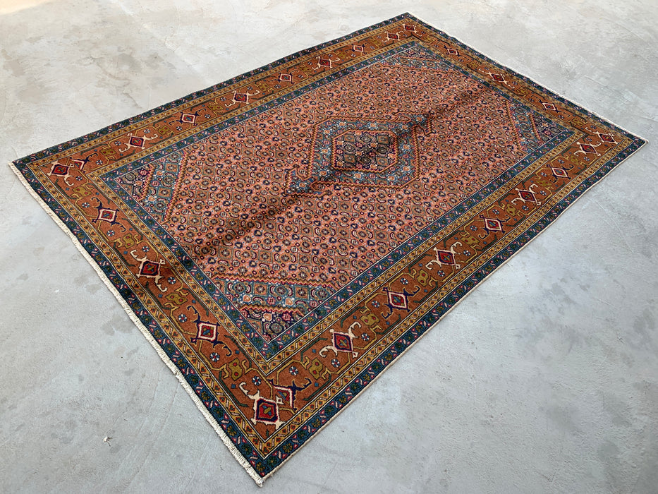 Handgemaakt Perzisch wollen vloerkleed 213x305 cm - Roze, blauw & bruin vintage medaillon Perzisch stijl kleed - Exacte afmetingen 279 cm x 191 cm - KBHM-718