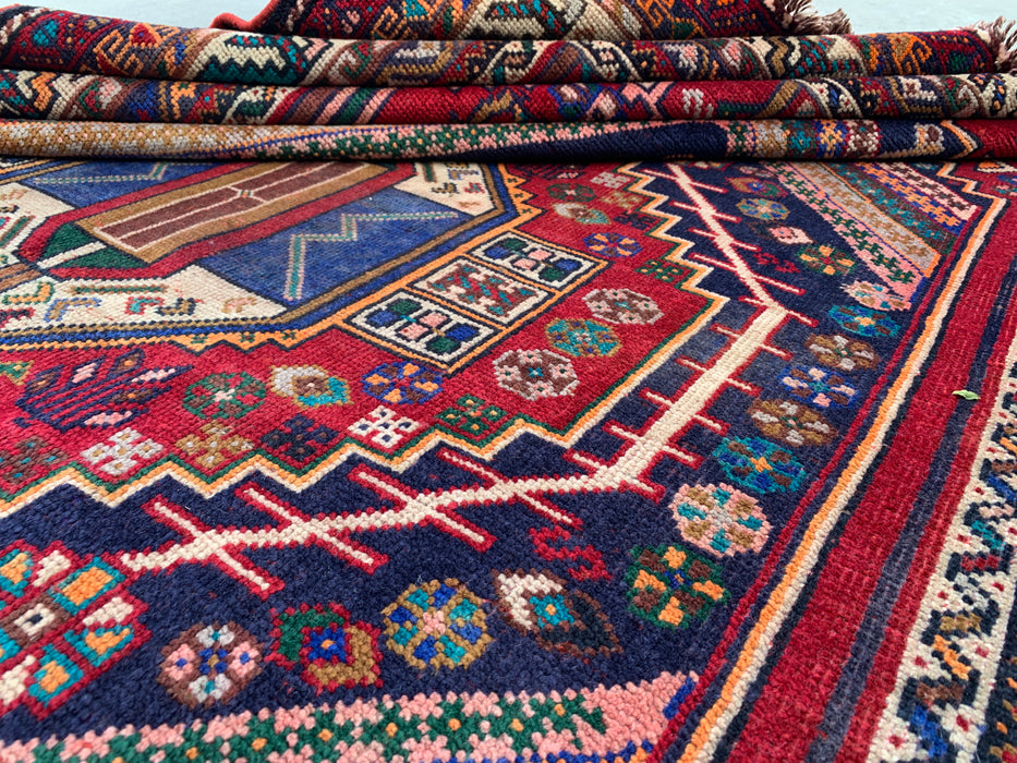 Handgemaakt Perzisch wollen vloerkleed 7x10 - Rood, marineblauw & ivoorkleurig Perzisch tapijt in stamtalige medaillonstijl - Exacte afmetingen 8'10" x 6'2" - KBHM-720