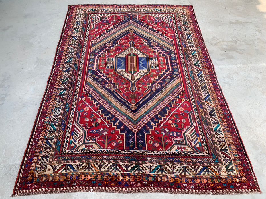 Handgemaakt Perzisch wollen vloerkleed 7x10 - Rood, marineblauw & ivoorkleurig Perzisch tapijt in stamtalige medaillonstijl - Exacte afmetingen 8'10" x 6'2" - KBHM-720