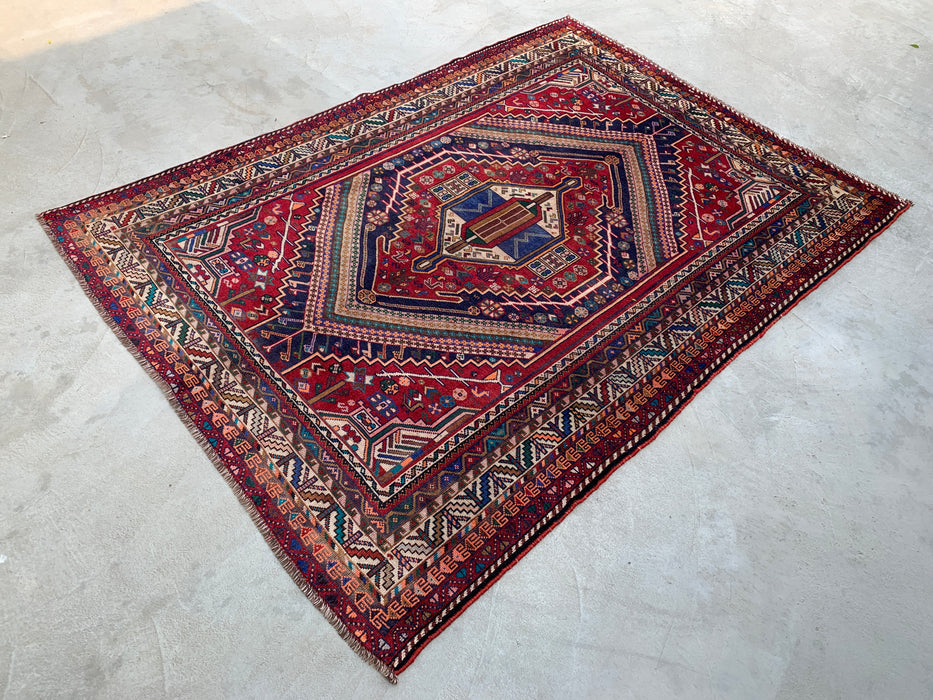Handgemaakt Perzisch wollen vloerkleed 7x10 - Rood, marineblauw & ivoorkleurig Perzisch tapijt in stamtalige medaillonstijl - Exacte afmetingen 8'10" x 6'2" - KBHM-720